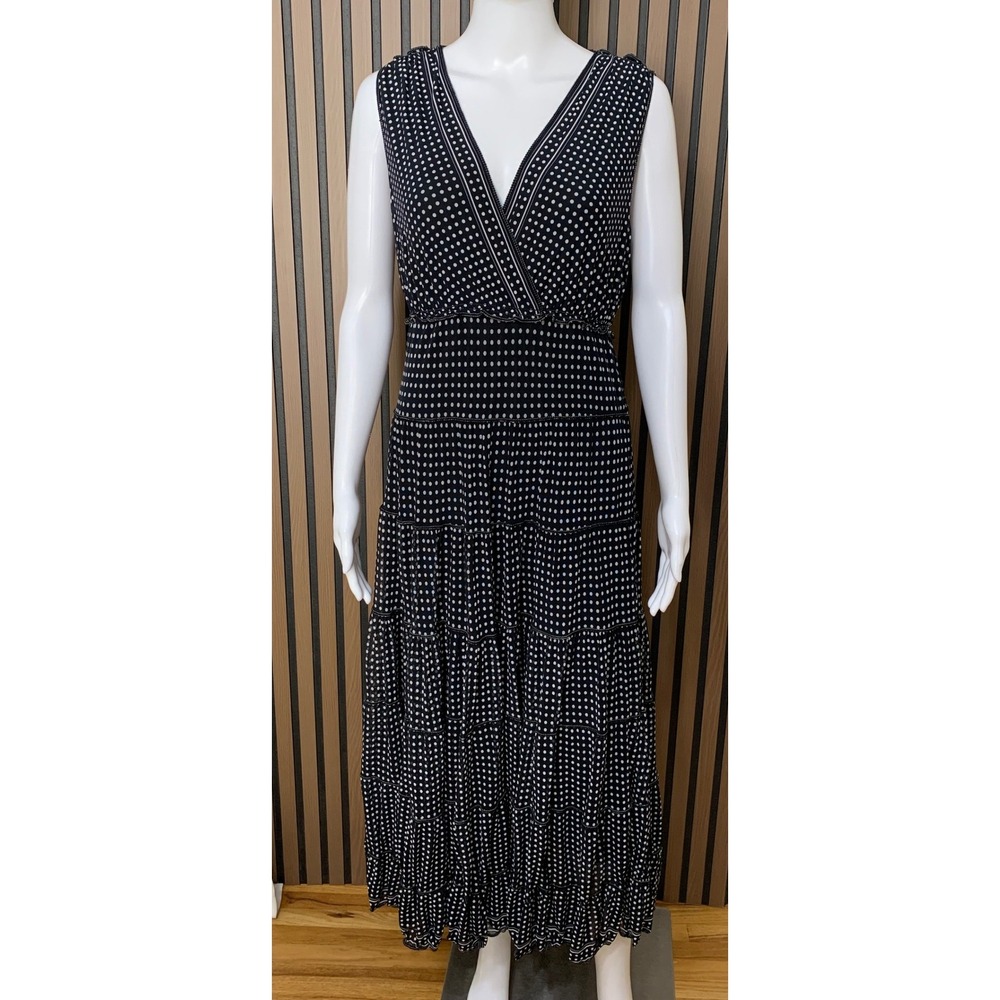 Max Studio London Polka Dot Tiered Maxi Dress Navy White V-Neck L Classic